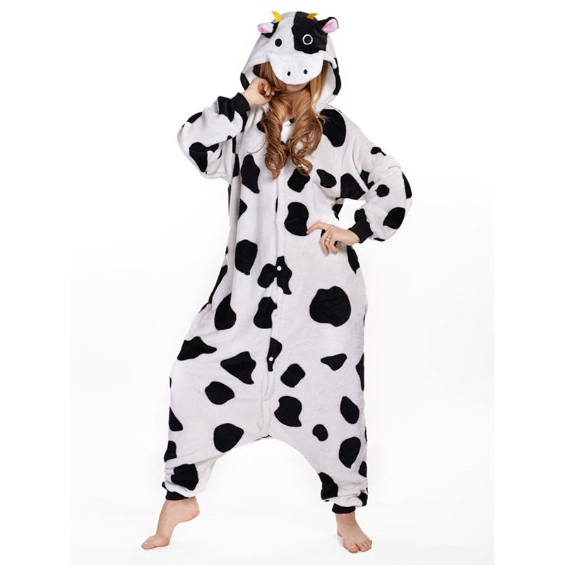 Kigurumi Pajamas Onesie Cow White Unisex For Adult Synthetic Mascot Animal Carnival Costume Onesie Pajamas Jumpsuits Winter