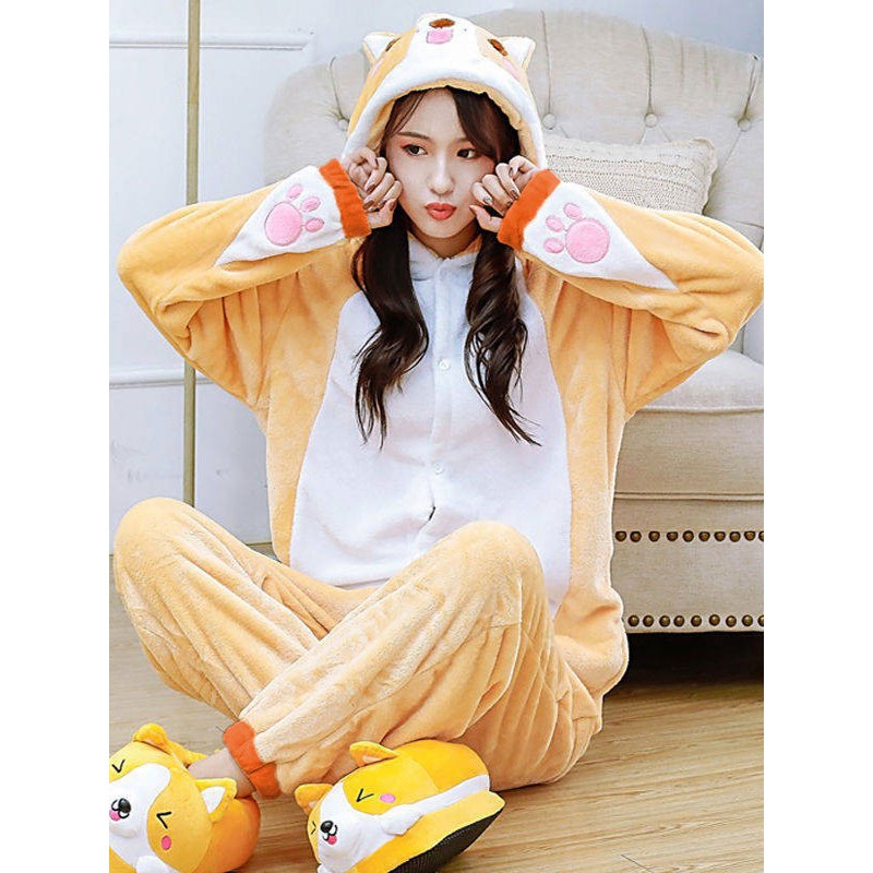 Unisex Kigurumi Pajamas Shiba Inu Dog Onesie Adults Flannel Winter Sleepwear Costume Cosplay Carnival Onesie Pajamas