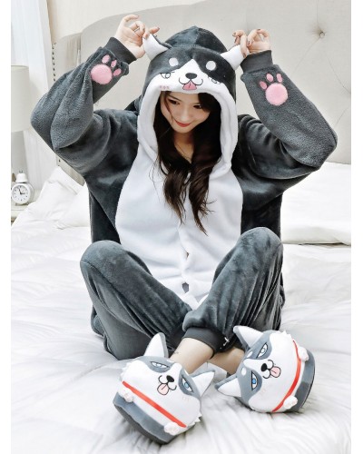 Unisex Kigurumi Pajamas Husky Dog Onesie Adults Flannel Winter Sleepwear Costume Cosplay Carnival Onesie Pajamas