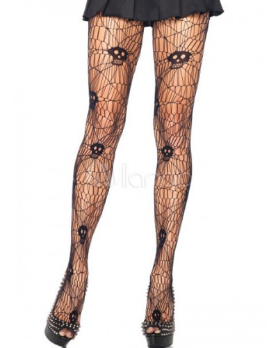 Women Halloween Black Skull Print Cut Out Cosplay Stockings