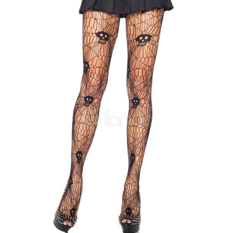 Women Halloween Black Skull Print Cut Out Cosplay Stockings