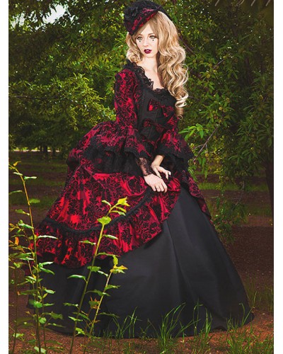 Women Burgundy Costumes 's Lace Ruffles Polyester Dress Marie Antoinette Costume Party Prom Dress Tunic Retro