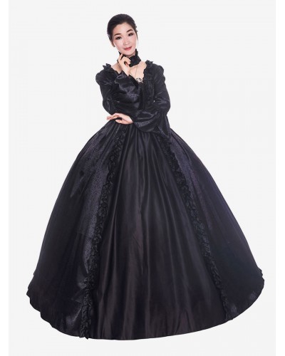 Women Victorian Dress Costume 's Black Long Sleeves Matte Satin Victorian Era Style With Choker Vintage Clothing Halloween Sets Victorian Era