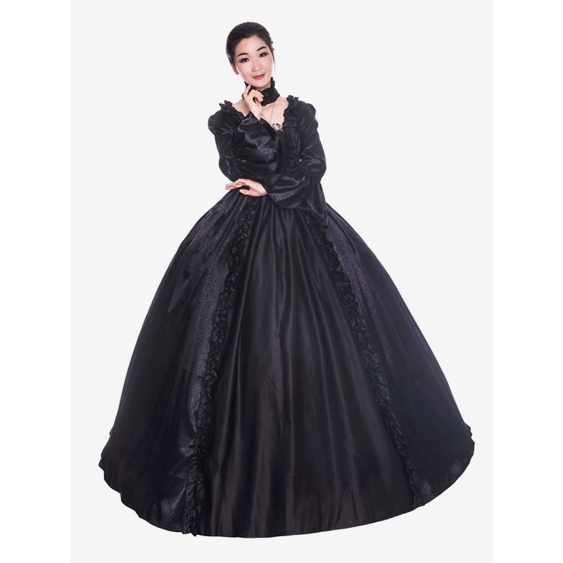 Women Victorian Dress Costume 's Black Long Sleeves Matte Satin Victorian Era Style With Choker Vintage Clothing Halloween Sets Victorian Era