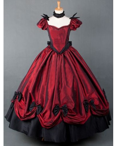 Red Short Sleeves Pleated Victorian Dress Costume Carnival ROCOCO Halloween Holiday Pageant Prom