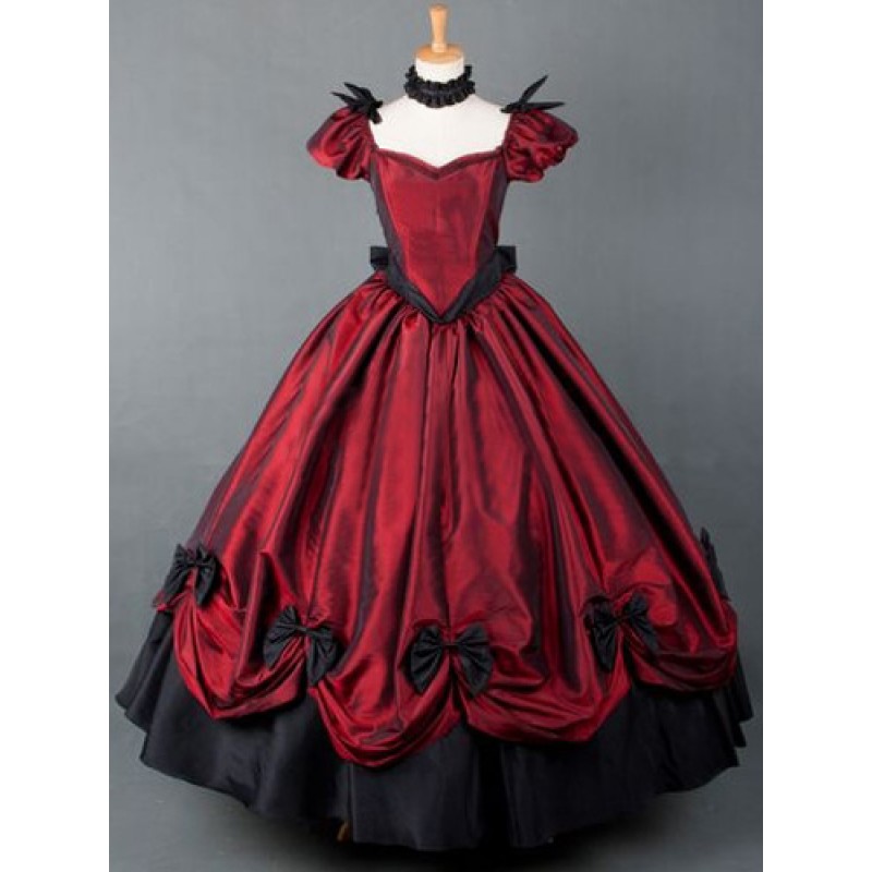 Red Short Sleeves Pleated Victorian Dress Costume Carnival ROCOCO Halloween Holiday Pageant Prom