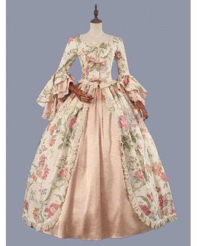 Women Pink Costumes 's Floral Print Lace Ruffles Polyester Marie Antoinette Costume Dress 18th Century Costume Tunic Retro