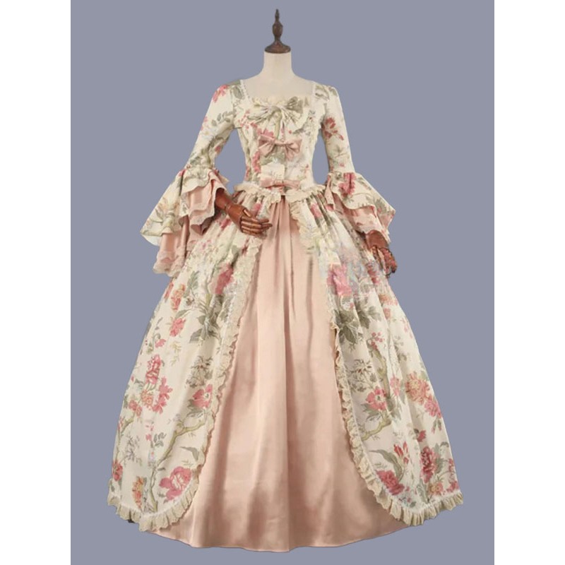 Women Pink Costumes 's Floral Print Lace Ruffles Polyester Marie Antoinette Costume Dress 18th Century Costume Tunic Retro