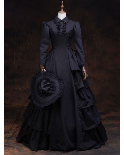 Victorian Dress Costume Women's Black Retro Long Sleeves Ball Gown Lapel Marie Antoinette Costume Dress Victorian Era Style Outfits Costumes Halloween ROCOCO