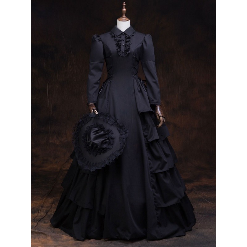 Victorian Dress Costume Women's Black Retro Long Sleeves Ball Gown Lapel Marie Antoinette Costume Dress Victorian Era Style Outfits Costumes Halloween ROCOCO