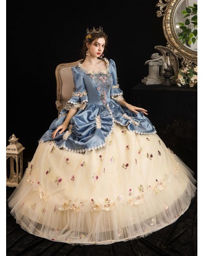 Women Victorian Dress Costumes 's Rococo Floral Print Trumpet Short Sleeves Square Neckline Champagne Marie Antoinette Costume Masquerade Ball Gown Dress Sets ROCOCO