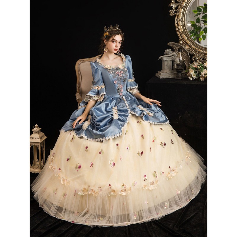 Women Victorian Dress Costumes 's Rococo Floral Print Trumpet Short Sleeves Square Neckline Champagne Marie Antoinette Costume Masquerade Ball Gown Dress Sets ROCOCO