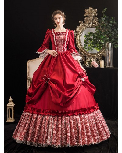 Women Victorian Dress Costumes 's Red Trumpet Short Sleeves Victorian Era Clothing Marie Antoinette Costume Dress Vintage Clothing ROCOCO