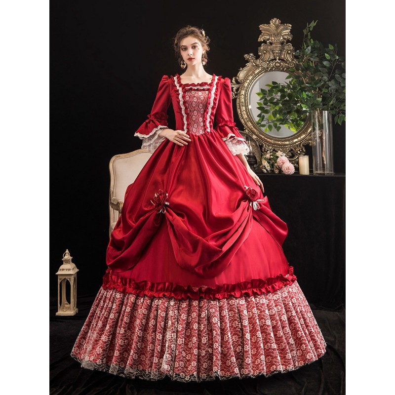 Women Victorian Dress Costumes 's Red Trumpet Short Sleeves Victorian Era Clothing Marie Antoinette Costume Dress Vintage Clothing ROCOCO