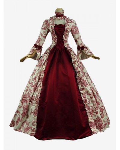 Women Victorian Dress Costume Costume Dark Red Lace Ruffles Floral Print Vintage Victorian Era Clothing With Choker Retro Outfits Halloween Sets ROCOCO Baroque