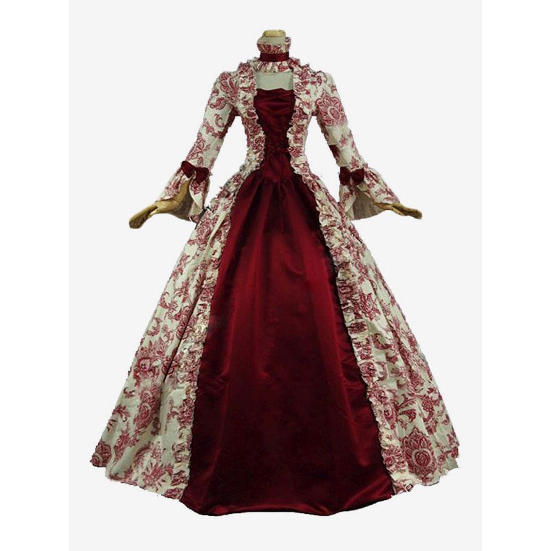 Women Victorian Dress Costume Costume Dark Red Lace Ruffles Floral Print Vintage Victorian Era Clothing With Choker Retro Outfits Halloween Sets ROCOCO Baroque