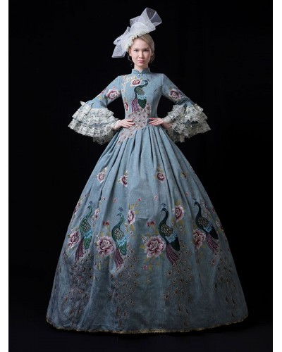 Women Teal Retro Costumes Lace Marie Antoinette Costume Polyester Floral Print Dress 's Masquerade Ball Gown Tunic Vintage Euro-Style