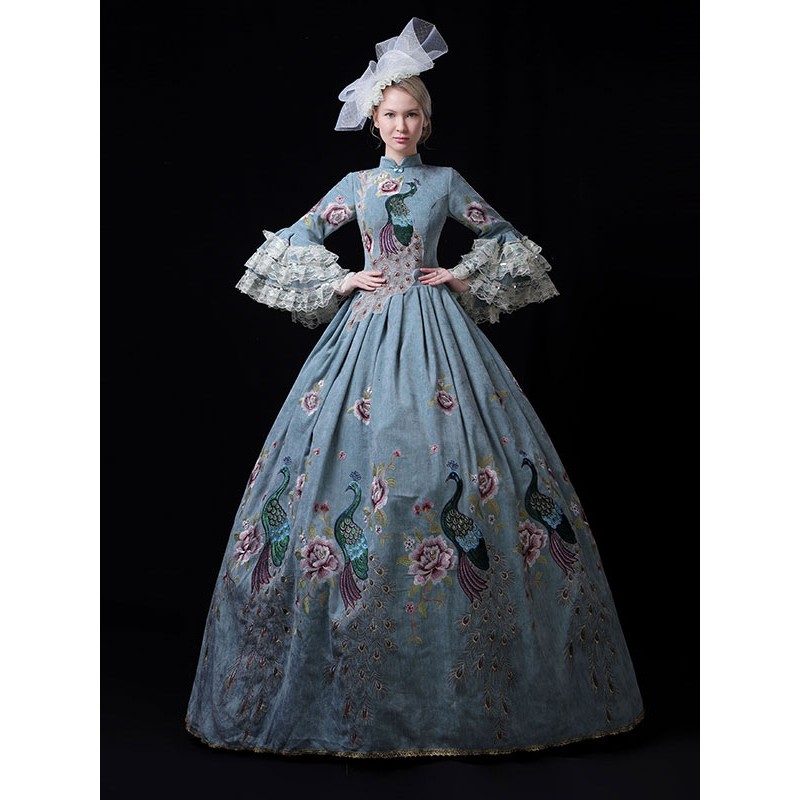 Women Teal Retro Costumes Lace Marie Antoinette Costume Polyester Floral Print Dress 's Masquerade Ball Gown Tunic Vintage Euro-Style