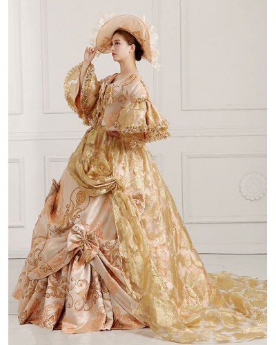 Rococo Victorian Dress Floral Print Lace 3/4-Length Sleeve Deep Apricot Classical Lolita Dress Classic  Traditional Daily Casual Tea Party