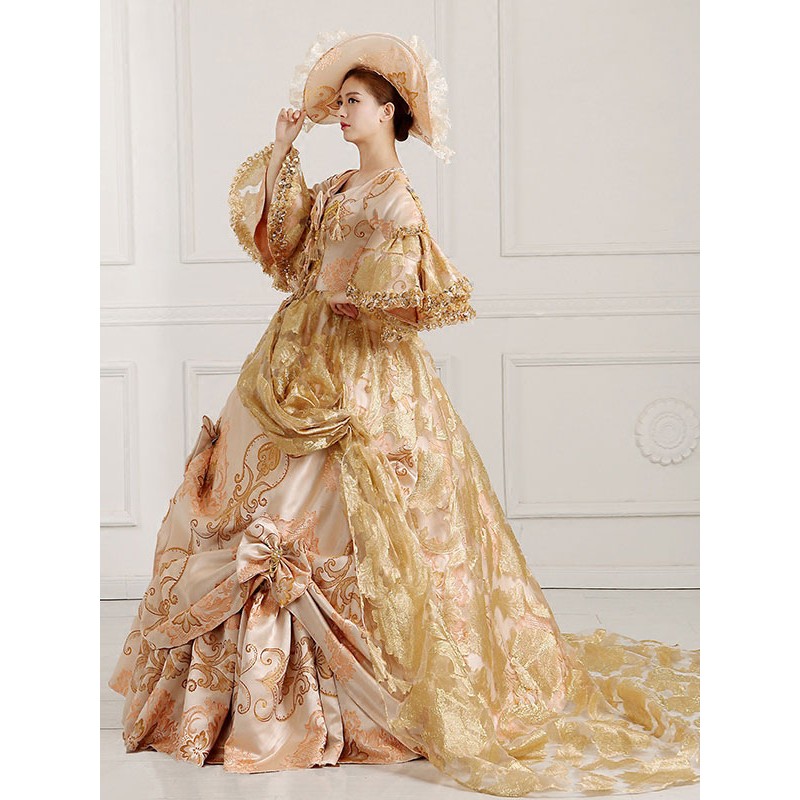 Rococo Victorian Dress Floral Print Lace 3/4-Length Sleeve Deep Apricot Classical Lolita Dress Classic  Traditional Daily Casual Tea Party