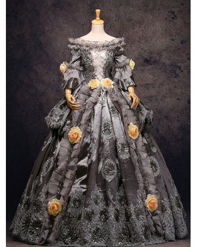 Gray Vintage Costume Rococo Lace Ruffles Off The Shoulder Flowers Beaded Ball Gown Dress ROCOCO Halloween Holiday Pageant