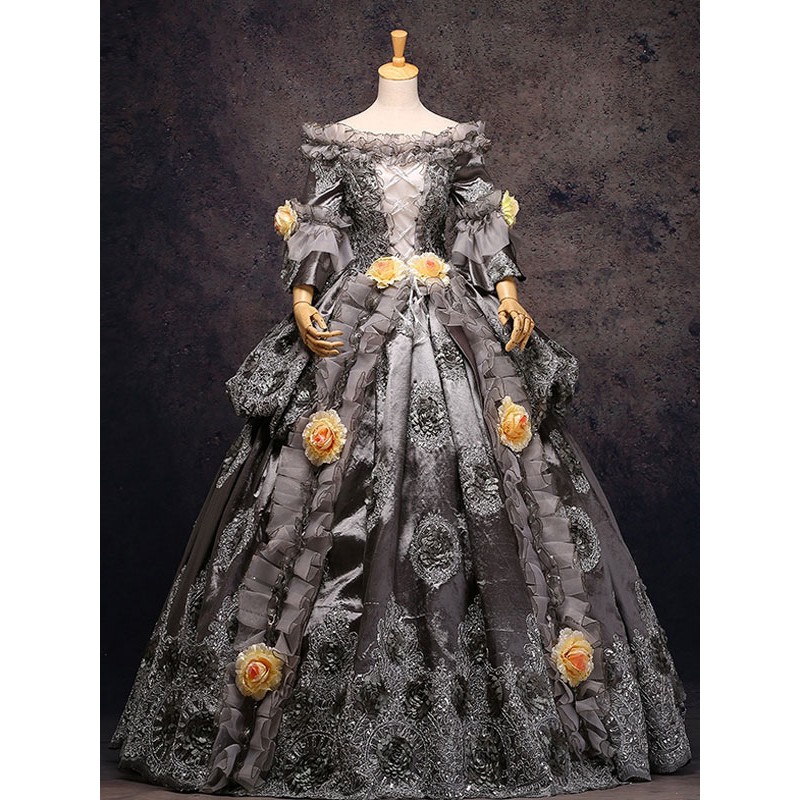 Gray Vintage Costume Rococo Lace Ruffles Off The Shoulder Flowers Beaded Ball Gown Dress ROCOCO Halloween Holiday Pageant