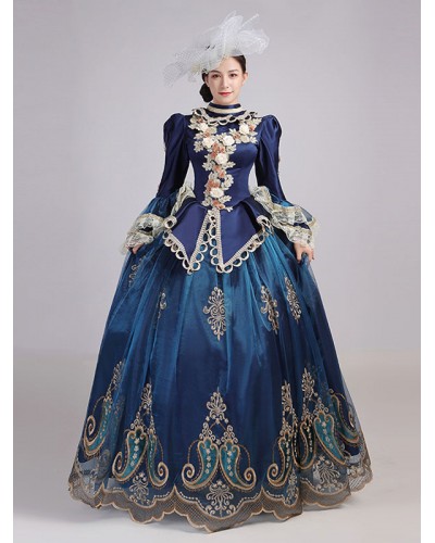 Women Blue Retro Costumes 's Lace Ruffles Polyester Headwear Dress Marie Antoinette Costume Party Prom Dress Tunic Vintage Royal