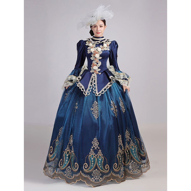 Women Blue Retro Costumes 's Lace Ruffles Polyester Headwear Dress Marie Antoinette Costume Party Prom Dress Tunic Vintage Royal