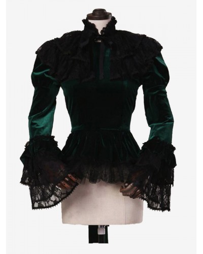 Women Dark Green Costumes Bows Polyester Shirt 's Top Marie Antoinette Costume Party Prom Dress Tops Royal Retro