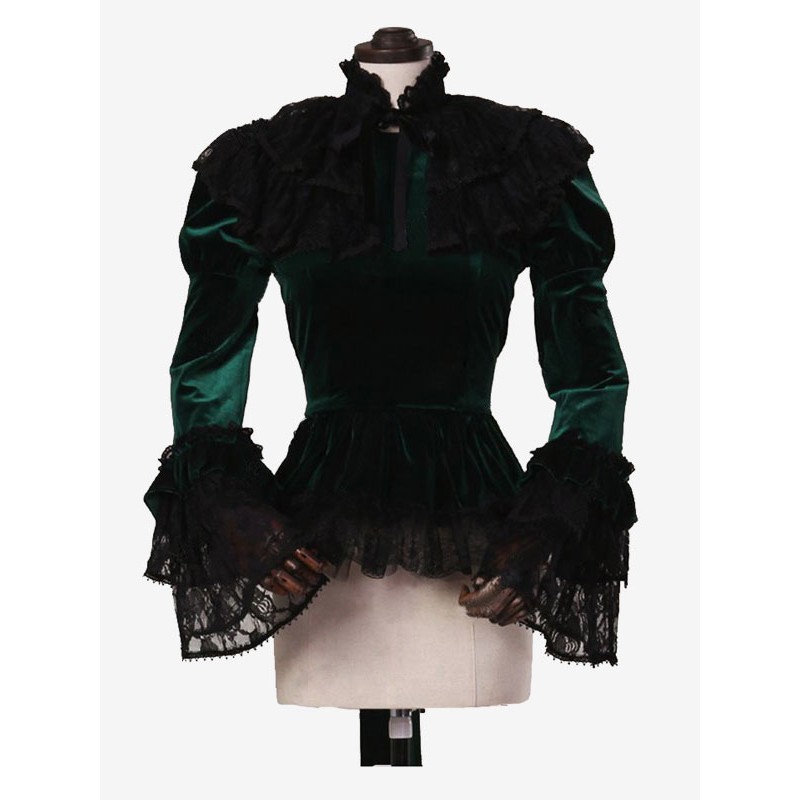 Women Dark Green Costumes Bows Polyester Shirt 's Top Marie Antoinette Costume Party Prom Dress Tops Royal Retro