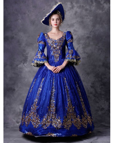 Victorian Dress Costume Women's Blue Half Sleeves Baroque Masquerade Ball Gowns With Hat Victorian Era Clothing Retro Costume Royal Mardi Gras Halloween