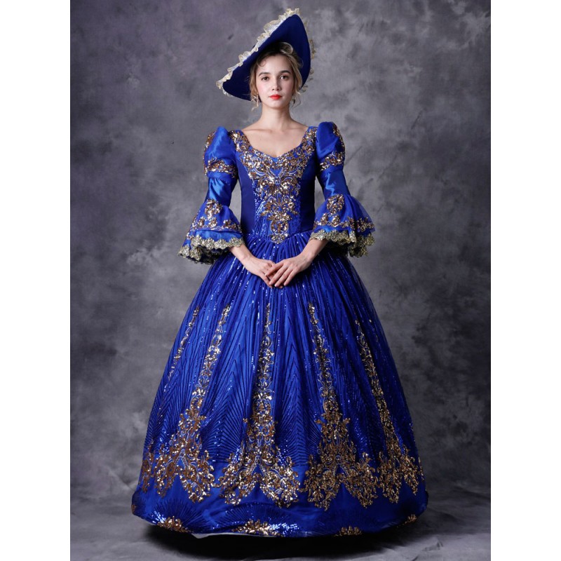 Victorian Dress Costume Women's Blue Half Sleeves Baroque Masquerade Ball Gowns With Hat Victorian Era Clothing Retro Costume Royal Mardi Gras Halloween