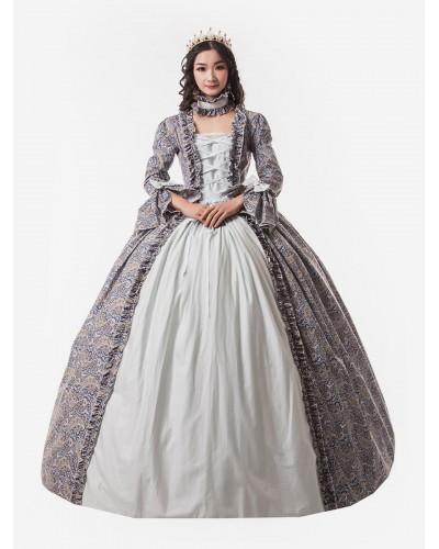 Women Victorian Dress Costume 's Baby Blue Trumpet Long Sleeves Ruffle Floral Print Ball Gown Victorian Era Style Set With Choker Vintage Clothing Halloween Sets Victorian Era