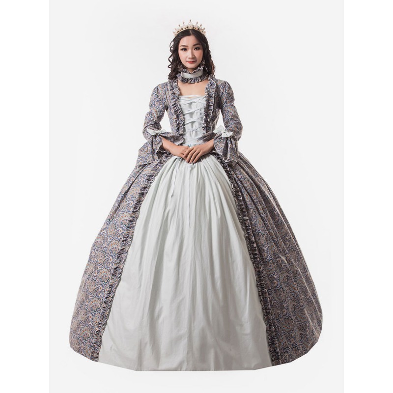 Women Victorian Dress Costume 's Baby Blue Trumpet Long Sleeves Ruffle Floral Print Ball Gown Victorian Era Style Set With Choker Vintage Clothing Halloween Sets Victorian Era