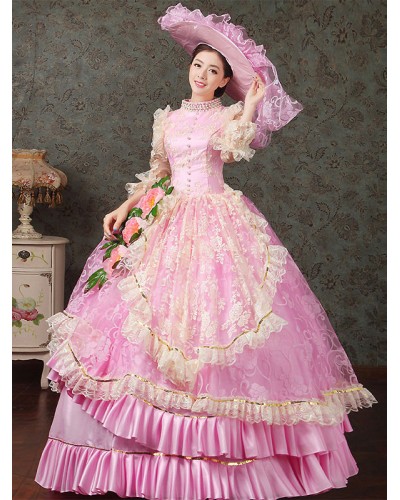 Women Pink Retro Costumes 's Lace Ruffles Polyester Dress Hat Marie Antoinette Costume 18th Century Costume Tunic Vintage Euro-Style