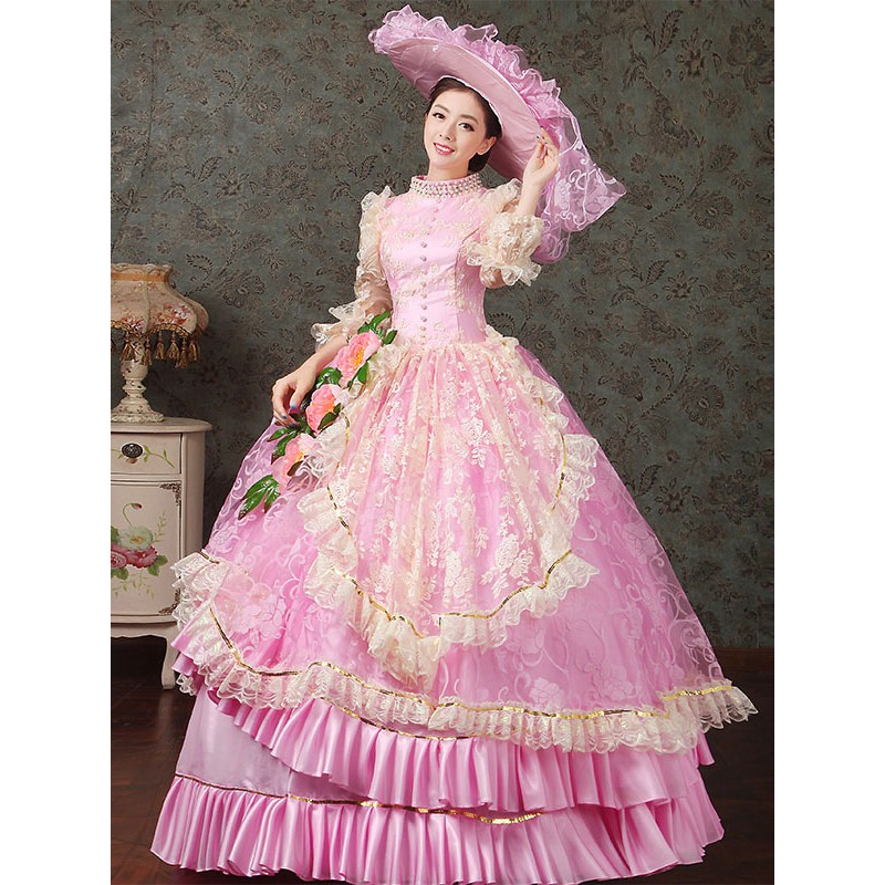 Women Pink Retro Costumes 's Lace Ruffles Polyester Dress Hat Marie Antoinette Costume 18th Century Costume Tunic Vintage Euro-Style