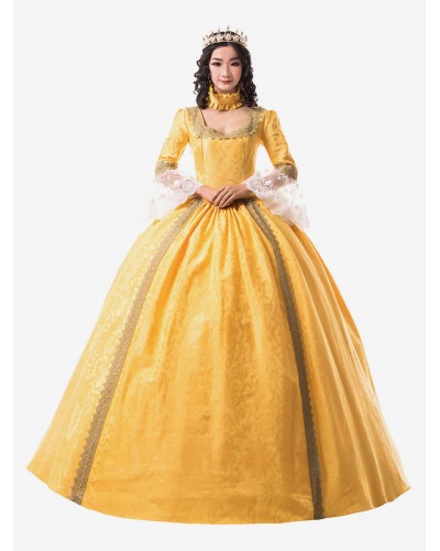 Women Victorian Dress Costume 's Golden Lace Long Sleeves Ruffle Floral Print Ball Gown Victorian Era Style Set With Choker Vintage Clothing Halloween Sets Victorian Era