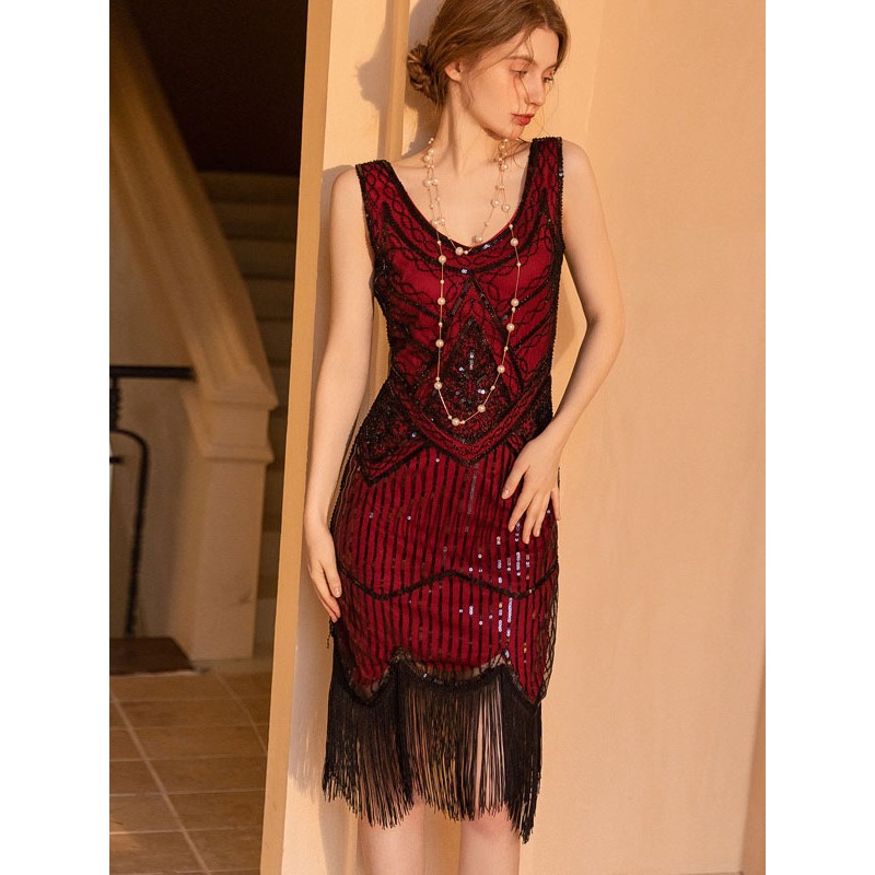 Women Party Dresses Black Red V-Neck Fringe Sleeveless Geometric Semi Formal Dress Vintage Summer