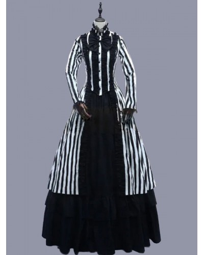 Women Black Costumes 's Stripes Lace Ruffles Polyester Marie Antoinette Costume Dress Vintage Clothing Tunic Retro Gothic