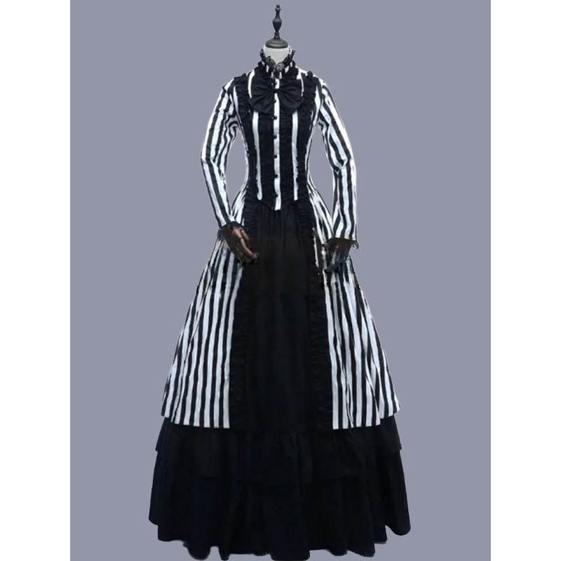 Women Black Costumes 's Stripes Lace Ruffles Polyester Marie Antoinette Costume Dress Vintage Clothing Tunic Retro Gothic