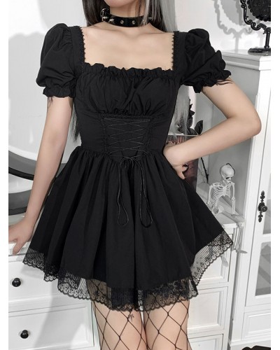 Women Short Dress White Pleated Lace Pleated Short Sleeves Polyester Summer Dress Gothic Cosplay