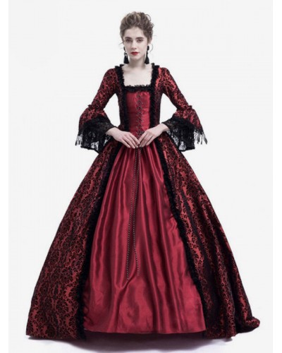 Women Victorian Dress Costume 's Long Gothic Trumpet Long Sleeves Royal Blue Ball Gown Square Neckline Victorian Era Clothing With Hat Retro Costumes Halloween Sets Baroque