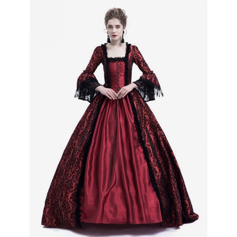 Women Victorian Dress Costume 's Long Gothic Trumpet Long Sleeves Royal Blue Ball Gown Square Neckline Victorian Era Clothing With Hat Retro Costumes Halloween Sets Baroque