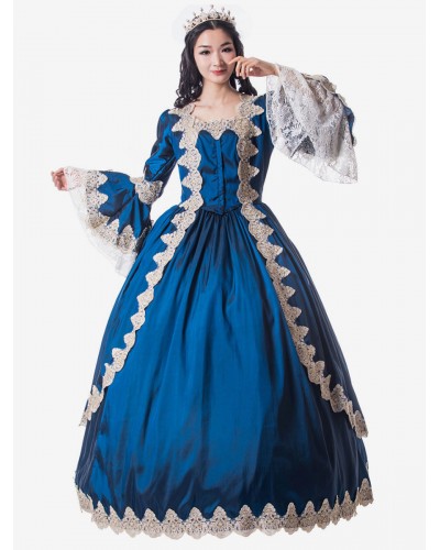 Women Victorian Dress Costume 's Royal Blue Trumpet Long Sleeves Square Neckline Matte Satin Dress Style Vintage Clothing Halloween Sets Victorian Era