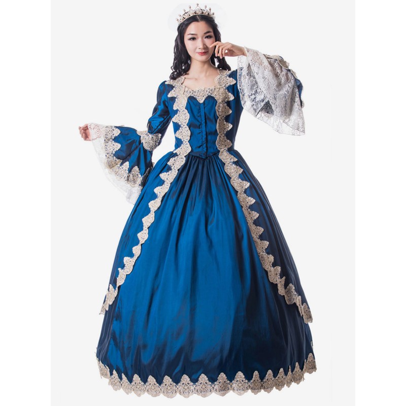 Women Victorian Dress Costume 's Royal Blue Trumpet Long Sleeves Square Neckline Matte Satin Dress Style Vintage Clothing Halloween Sets Victorian Era