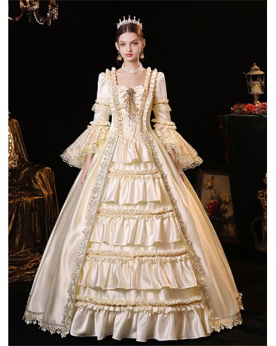 Women Champagne Costumes Polyester Dress 's Marie Antoinette Costume Masquerade Ball Gown Retro Euro-Style Royal Renaissance European Style Baroque