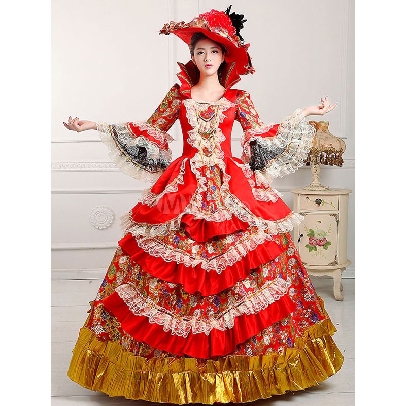 Women's Vintage Costume Victorian Royal Ball Gown Red Dress ROCOCO Halloween Holiday Pageant