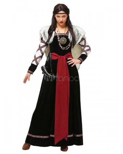 Women Vintage Costume Deep Brown Color Block Halloween 4 Pieces Sets Renaissance