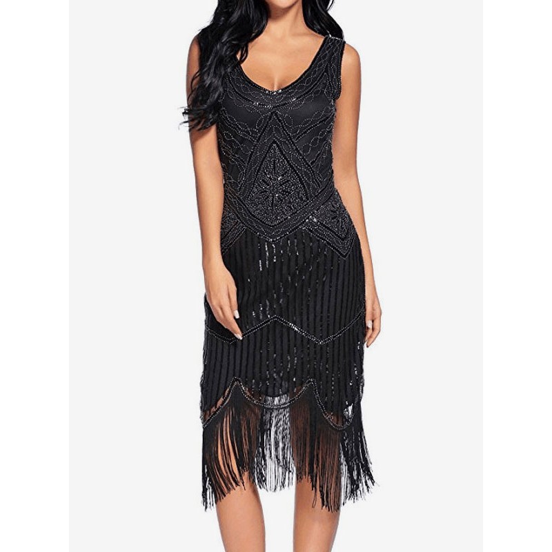 Black Flapper Dress Great Gatsby 1920s Fashion Style For Women's Tassels Sleeveless Charleston Dresses Round Neck 20s Party Outfits Dress Carnival Halloween Ball