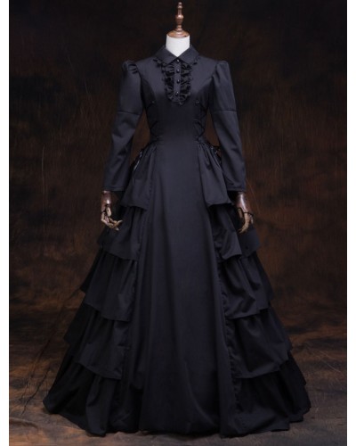 Victorian Dress Costume Women's Black Ruffles Masquerade Ball Gowns Long Sleeves Lapel Victoria Era Clothing Retro Costume Royal Mardi Gras Halloween